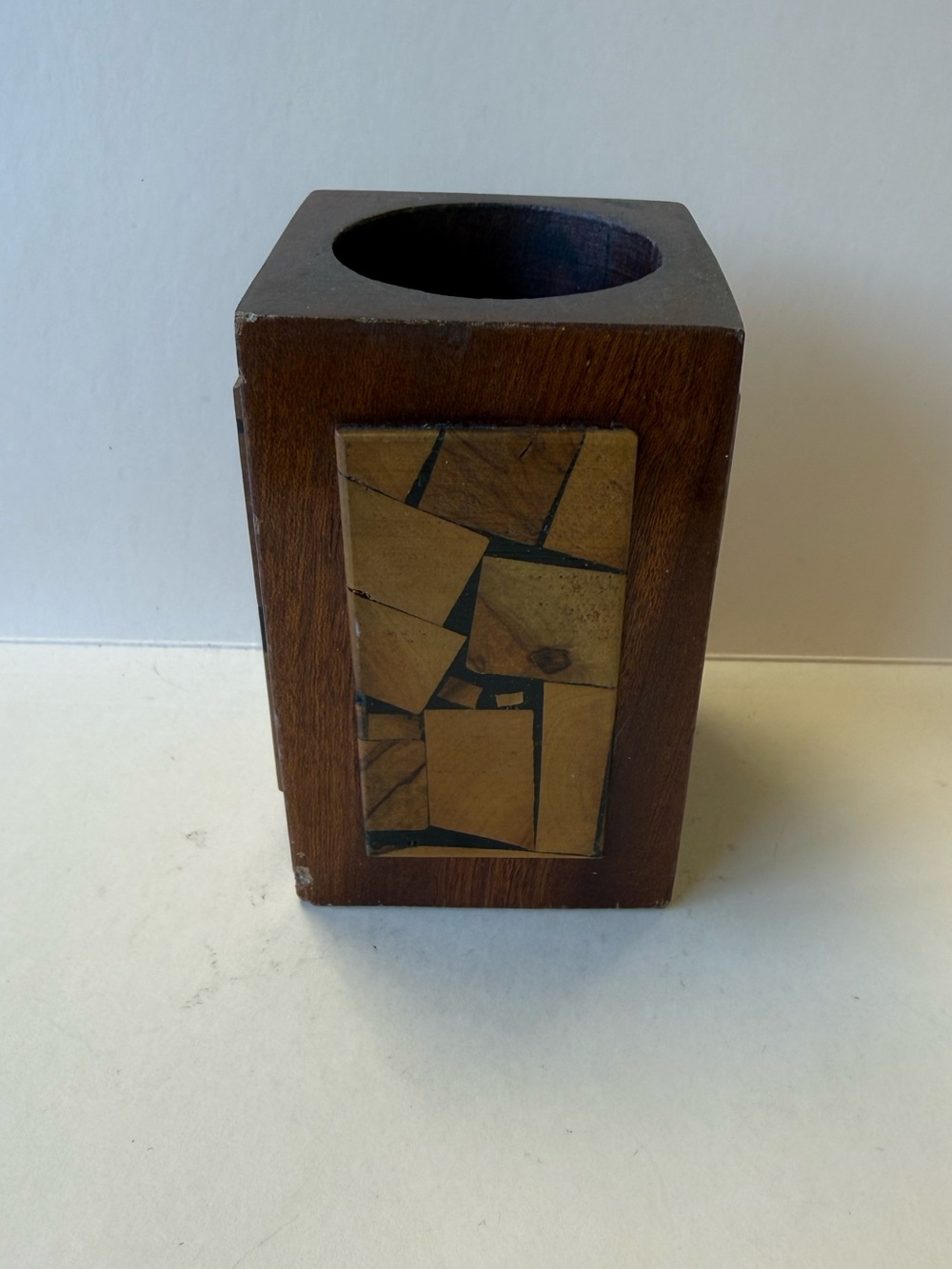Vintage MCM Olive Wood Mosaic Marquetry Paneled Desk Pencil Pen Brush Holder.